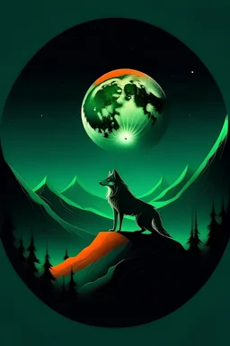 wolf on a mountain in front of a burning round and green moon in illustrator style