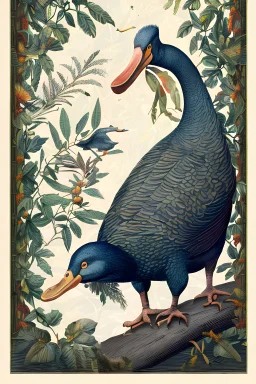 John James Audubon-like illustration of a fully uncropped Dodo bird and a Platypus in a landscape of warm yellows, warm reds, and warm blues