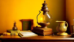 An old-fashioned oil lamp, books and other objects on a table against a yellow wall