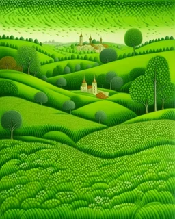 A green grassy field near a village designed in ancient Greek mosaics painted by Henri Rousseau
