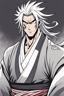 A manga-style portrait of a 35-years old male Shinigami from Bleach, tall and muscular, with wild silver-gray hair, steel-colored eyes, and a scar across his left brow and cheek. He wears a tattered captain's haori of the 11th Division, open kimono revealing a dragon claw tattoo on his chest, and metallic claws on his forearms. He smirks defiantly, standing in a dynamic pose with silver reiatsu swirling around him.