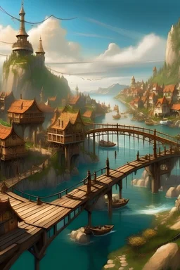 Fantasy market town on the coast with a large bridge