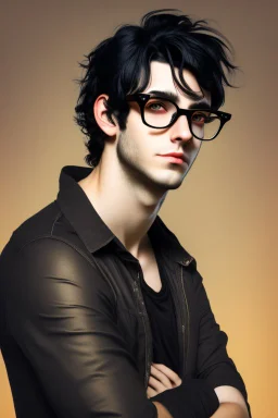 A young adult man with messy black hair and black cat ears, golden eyes, glasses.