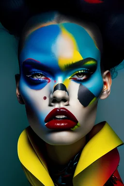 A striking portrait of an avant-garde fashion model, showcasing a bold, experimental outfit and makeup, challenging conventional beauty norms and pushing boundaries.