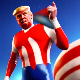 Realistic image of Donald trump super hero, retro style, watchmen style, red white blue colors, white stars, suspenders, latex material, 80s, vibrant color, highly detailed, sky background, concept art, unreal engine 5, god rays, ray tracing, RTX, lumen lighting, ultra detail, volumetric lighting, 3d, finely drawn, high definition, high resolution.