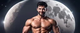 Hyper Realistic Shirtless Muscular Young Handsome man with beard & short black hair & red eyes on moon smiling in outer space