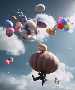 Ultra realistic speed clouds sky scene, wide angle view, strong men falling down with many Childs background, circus dress style, feather color, free jumping flying, many trinkets, hair monster, many jelly beans, balls, color smoke, smile, happy, extreme, wind, clouds sea, 20,000 feet altitude, stratosphere, soft color, highly detailed, unreal engine 5, ray tracing, RTX, lumen lighting, ultra detail, volumetric lighting, 3d, finely drawn, high definition, high resolution.