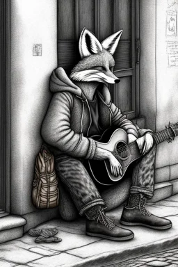 One single mature homeless fox with worn out clothes, sitting in a corner on the street, guitar standing on the left side, Vienna, mourning, model style, hyper realistic, extremely accurate, delicate, extremely detailed, Graphic novel style, wide-angle, open aperture, superfine pencil