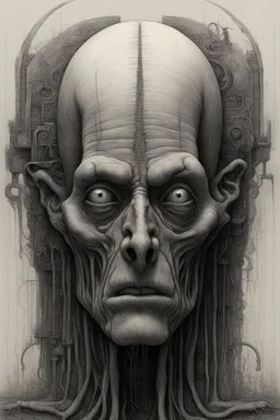 The face of and old men king, a thin line draw ، front view camera, decayed and rotting with grotesque proportions and imagery. surreal horror, biomechanical design, by hr giger and beksinski , fine lines draw