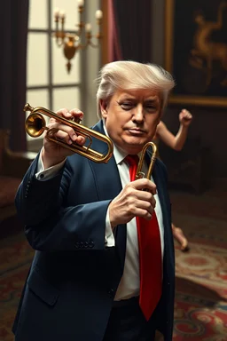 Trump holding and playing the Trump musical instrument , Elan Musk is standing in the background dancing, traditional si, studio photograph, very aesthetic, highly detailed, brilliant composition, hyper realistic, photorealistic, subsurface scattering matt painting