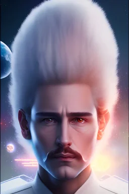 Science fiction poster of a White young men who came from futur, scared face, clean mustache with an afro hair cut, white eyes, Nothing on the front, broken cyborg, he is very serious,he is in a spaceship, 1970's comic book style, very detailed, high quality, very intricate, 8k, hdr, octane effect, by kim jung gi, Vincent Di Fate, in spaceship background by feng zhu and loish and laurie greasley, by gediminas pranckevicius