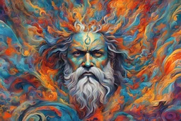 A visually striking and abstract representation of Zeus, utilizing vibrant colors and intricate patterns to evoke the mythical and godly aspects of his character, (visually striking abstract representation:1.4), (Zeus, the mythical god:1.5), (vibrant colors and intricate patterns:1.3), (expressive and godly ambiance:1.2), drawing inspiration from abstract interpretations of classical mythology, trending on ArtStation, Intricate, Sharp focus, vibrant lighting, (captivating:1.4)