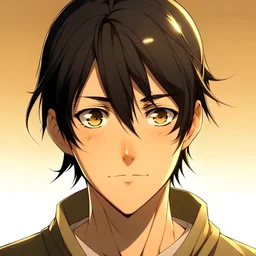 Japanese teenage boy, shoulder length black hair in a low ponytail, honey golden brown eyes, anime style, looking into camera