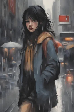 Girl going through a rainy city.