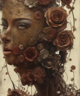 an abstract painting of rusted metal and flowers, portrait, rust, scaffolding, iron cladding, decay, mixed media, textured, anatomically correct, beautiful perfect face, sharp focus, highly detailed