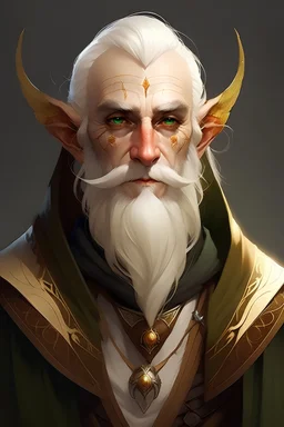 An adult wood elf man with white blonde hair, pointy ears, a feather cloak, fancy clothes, a beard, eyepatch