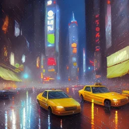 An impressionist oil painting, futuristic new york city 2050 in rain , many cars, street light, few yellow cabs, cyclist, water, shops, drones, motor-cycles, complementary colors,super detailed, oil painting, heavy strokes, paint dripping, painted, intricate, volumetric lighting, beautiful, rich deep colors masterpiece, sharp focus, ultra detailed, astrophotography.