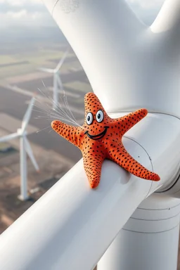 Patrick the starfish sitting on the blade of a wind turbine, with speed and wind hitting him in the face, wind farm in the background