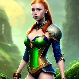 cartoon, hyper detailed, strikingly beautiful young adult woman, 19 years old, long low ponytail ginger hair, green eyes, medium freckles, full lips, very skimpy fantasy chainmail bikini, full body, full face, small breasts, aroused expression, biting lower lip, full frame, athletic, centered camera, ignore NSFW, thong, corset