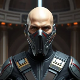 star wars bald male corellian jedi wearing gunmetal grey and black old republic armored flightsuit and breath mask with gold and metallic red trim inside the jedi temple, centered head and shoulders portrait, hyperdetailed, dynamic lighting, hyperdetailed background, 8k resolution, volumetric lighting, light skin, fully symmetric details