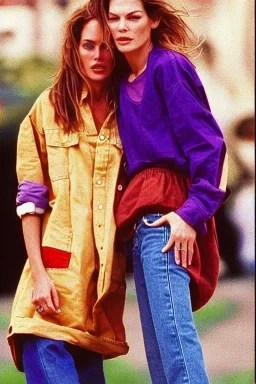 year 1996 denim fashion. Loose fit, low waist, baggy. Colors: denim blue, blue, purple, khaki, light green, lilac, plum, orange, terracotta, red, pink, dark blue, beige. Women models. Sharon Stone, Sandra Bullock, Winona Ryder, Milla Jovovich, Big tennis shoes on.