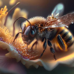 close-up macro photography of a beautiful honey bee on nice flower, centered, ultra realistic, artstation, unreal engine 5, octane render , close up portrait photo by Annie Leibovitz, film, studio lighting, detailed skin