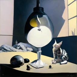 human flesh-like surgical instruments and universe-like neuralink, a cat looking at a pigeon inside a huge bulb between light and shadow at dusk,surrealism,minimalism,Painting By Adrian Ghenie, Rene Magritte, Salvador Dali, Lucian Freud