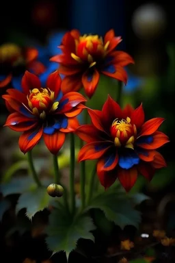 A short flower that grows up to 5 inches (13 cm) tall, with petals that are either azure or copper, with a yellow center. 3 to 5 tiny flowers grow on alternate sides up the length of the stem. It has wide, blood red leaves. It has no scent. --- Fact: Once on fire, it burns very quickly.