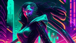 A futuristic cyberpunk illustration of a sleek, female polygonal snake with iridescent scales, glowing neon eyes, and digital circuit patterns running along her body, set in a dark, dystopian cityscape.