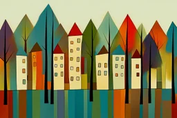 A city houses with trees, peaceful abstract artwork, calm