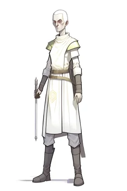 full length, tall, gangly, 22-year old, shaven head, nordic looking grey-eyed female human cleric healer wearing scale mail