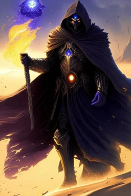 Thanos is the god of power and evil The commander wears a black cloak and a long coat with long combat boots and a long spear with a hat under his cloak with blue flame eyes, a sword like a spear The sun in the palm of a brave man in the middle of the desert A battle iron suit with the ability to fly, made for humans