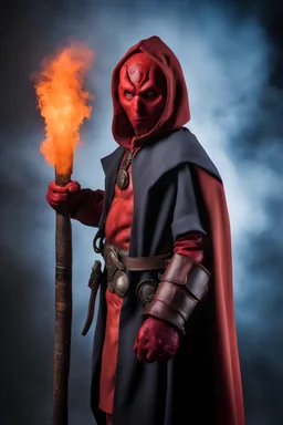 10-year-old Rob Perlman is posing for his school picture dressed as Hellboy - Sparkling, Sky blue Background, professional quality studio 8x10 UHD Digital photograph by Scott Kendall - multicolored spotlight, Photorealistic, realistic stock photo, Professional quality Photograph. colored Fog