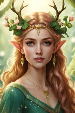 Pointed elven ears,Blonde hair ,Pink dress,Sparkling fairy wings,Very long golden hair,Fairy crown,pointed ears,elven ears,fairy wings,water lilies,sparkling,glittering,flowers,blossoms,golden crown,light pink dress