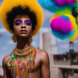 full body shot, masterpiece, best quality, man of median age, black skinned, sparkling eyes, fluorescent skin, colorful makeup, afro, highly detailed body, afrofuturism, scifi, sun light, 4K, RAW, depth of field, high contrast, realistic details, 24mm