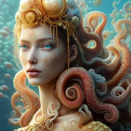 high-quality, fine-detail portrait of gorgeous, stunning goddess of water, octopus as hair, coral reef exoskeleton, 8k resolution, 3D octane render, intricate, digital art, detailed matte, volumetric lighting, George Grie, Anne Dittman, Anne Stokes, Lisa Parker, Selina French,