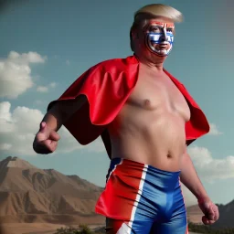 realistic image of donald trump as a mexican wrestling fighter posing outdoors, with mexican mask painted on the face, red and blue breeches, confederate flag cape, naked torso, retro style, 80s, vibrant color, highly detailed, sky background, concept art, unreal engine 5, god rays, ray tracing, RTX, lumen lighting, ultra detail, volumetric lighting, 3d, finely drawn, high definition, high resolution.