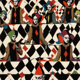 2/3 portrait, creepy harlequin jester who has mirror images of himself lined up that stretch on and on infinitely into the horizon, surreal image, optical illusion, style by Gerald Scarfe and Yves Tanguy, dark colors, harlequin pattern, dramatic depth of field.