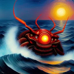 The Humungus Crab Monster, with humungus crab pincers, Red Glowing eyes, coming out of ocean,attacking sailboat, by van Gogh 8k