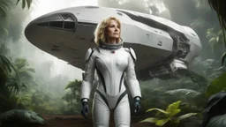 An ultrawide-angle, photorealistic image of an adventurous, slender, fifty-year-old woman from the future, dressed in a tailored, full-body spacesuit, stands to the right of her huge, wide, wingless cargo spaceship. Her uncombed, blond hair has bangs. Standing on a metal box in a jungle clearing.