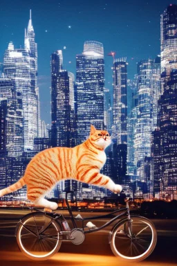 A pedaling cat riding a bicycle is flying at night over tall buildings.