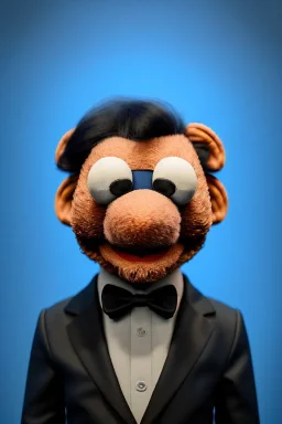 Waist up muppet Portrait, Xi Jinping as muppet doll, Black suit, photo studio, blue background, unreal engine 5, concept art, art station, god lights, ray tracing, RTX, lumen lighting, ultra detail, volumetric lighting, 3d.