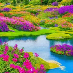 bright flowery landscape, cosmic atmosphere, blue lake, cascades, delicate flowers, perfect composition, 8k, super detailed, delicate flowers, complementary colours, intricate details