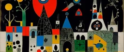 A black fortress in a shadow realm designed in ancient Egyptian pottery painted by Joan Miro