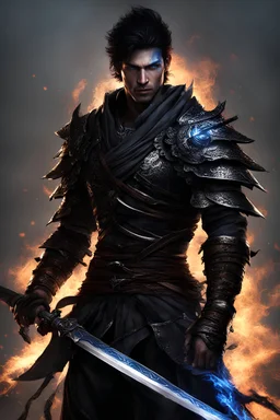 create fantasy warrior male shadow warrior, with super details, black hair, blue eyes, very nice set of armor, he is holding two swords that are burning with shadow flames, and he have black long scarf, he is holding sword, show full whole body, super realistic fantasy dark graphic, scenery or background is old ruinder city with shadows everywhere that are lurking on him