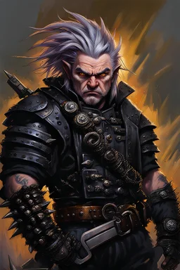 fierce expression, short grizzled man, halfling, purple spiky hair, black detailed heavy metal armor, spiky black metal shoulderpad, black armored metal pants, realistic, realism, painting, yellow eyes, belt, multiple weapons sheated, chain strapped on the belt,
