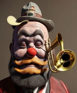 mechanoid old friendly fat clown with trimmed beard playing jazz with a steampunk theme, trumpet, salvador dali