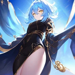 Clear focus, High resolution, short light blue fluffy hair, hair between eyes, yellow eyes, wearing black magma shorts, detailed outfit, blue and black outfit, gold accessory, female