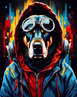 Vibrant and dynamic masterpiece with fluid patterns forming a killer dog wearing a hood and a gas mask, its eyes are intense. Bright colors of red, blue and a touch of yellow, creating a fascinating effect. The black background creates a strong contrast, making the colors stand out even more., concept art, dark fantasy, vibrant, painting, portrait photography