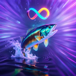 infinity symbol ∞ with vibrant powerful fish jumping out of the water, striking, neon, chiaroscuro, dramatic, captivating, powerful, fantasy, beautiful, octane render, 16k post-production, artstation: award-winning: atmospheric: commanding: fantastical: clarity: ultra quality: striking: brilliance: stunning colors: amazing depth; lens: f/11, 35mm